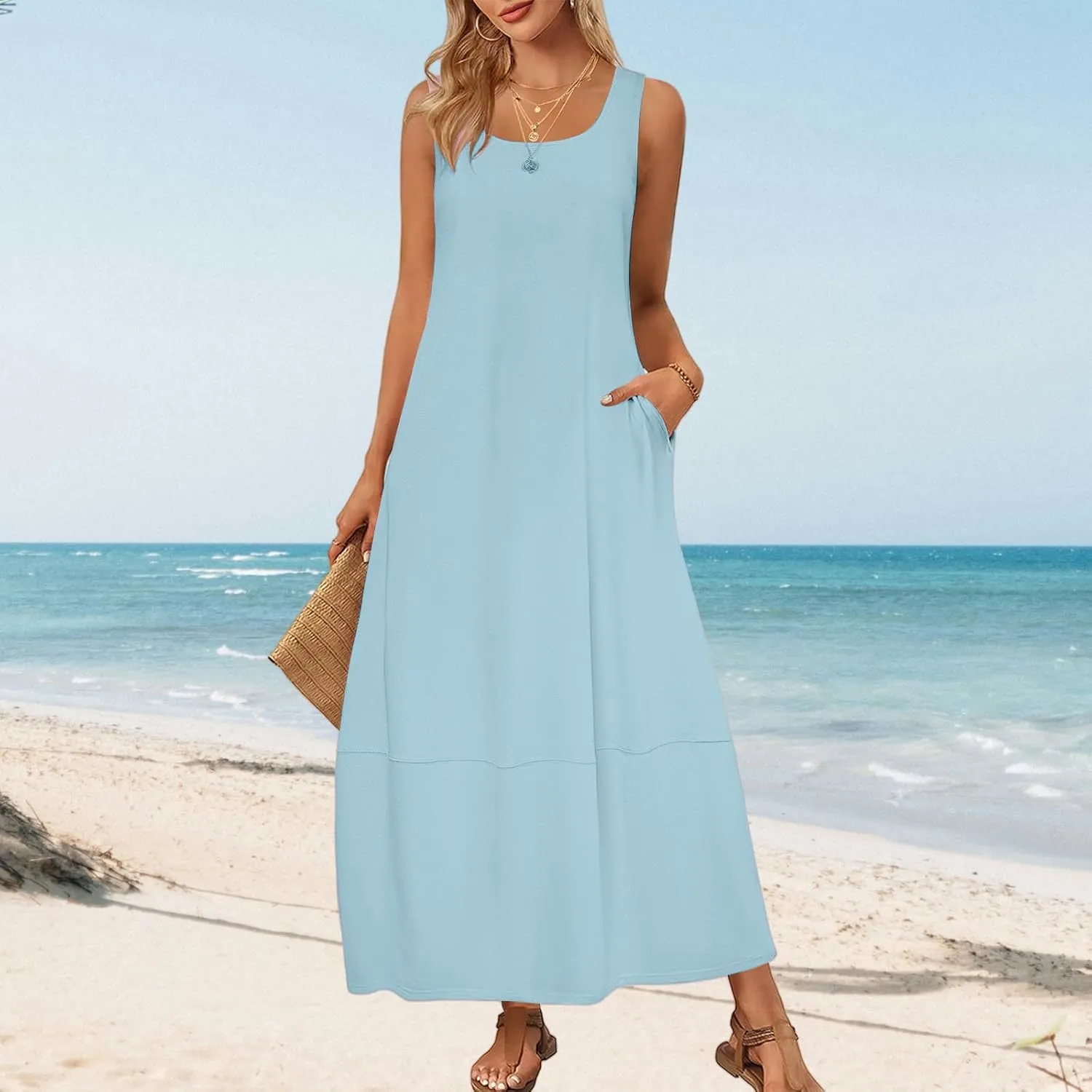 Women's Casual Maxi Sundress 2025 Scoop Neck Sleeveless Tank Dress Summer Long Travel Vacation Beach Sundress