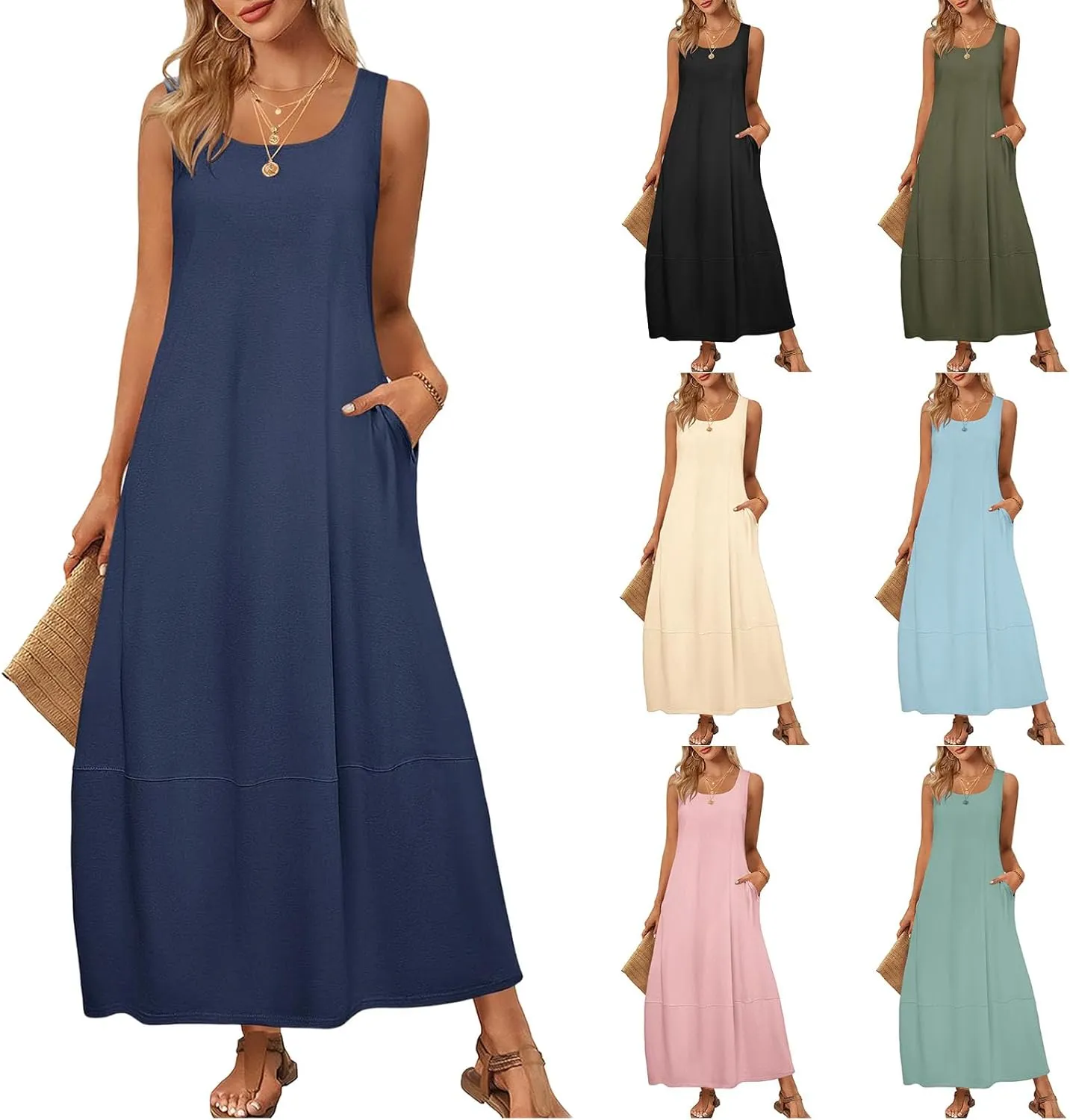 Women's Casual Maxi Sundress 2025 Scoop Neck Sleeveless Tank Dress Summer Long Travel Vacation Beach Sundress