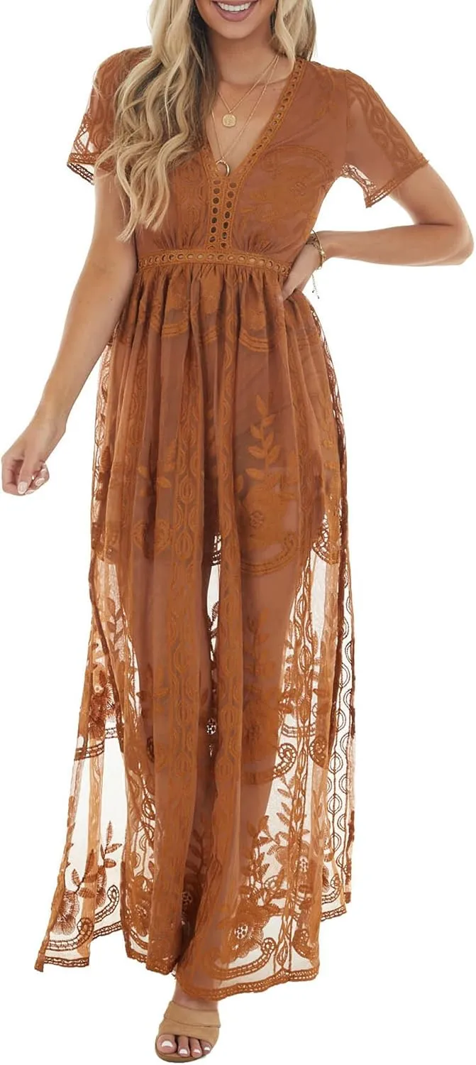 Women's Casual Off Shoulder Lace Maxi Dress Boho White Bridesmaid Wedding Evening Party Dresses