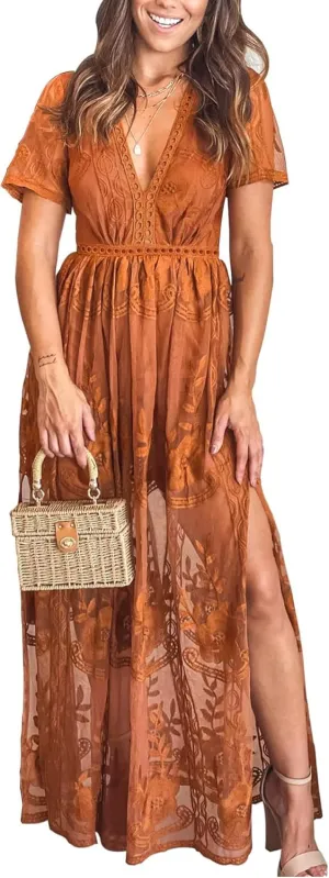 Women's Casual Off Shoulder Lace Maxi Dress Boho White Bridesmaid Wedding Evening Party Dresses