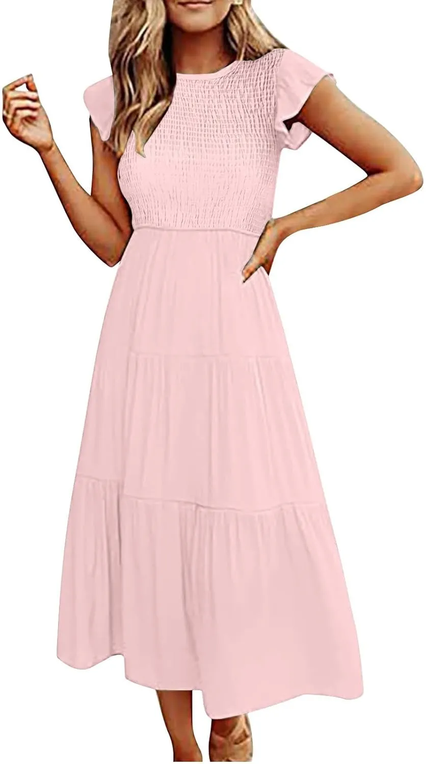 Womens Casual Ruffle Sleeve Smocked Maxi Dresses Crewneck Elegant High Waist Mini Dress Summer Dresses for Women 2025