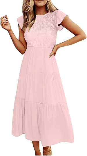 Womens Casual Ruffle Sleeve Smocked Maxi Dresses Crewneck Elegant High Waist Mini Dress Summer Dresses for Women 2025