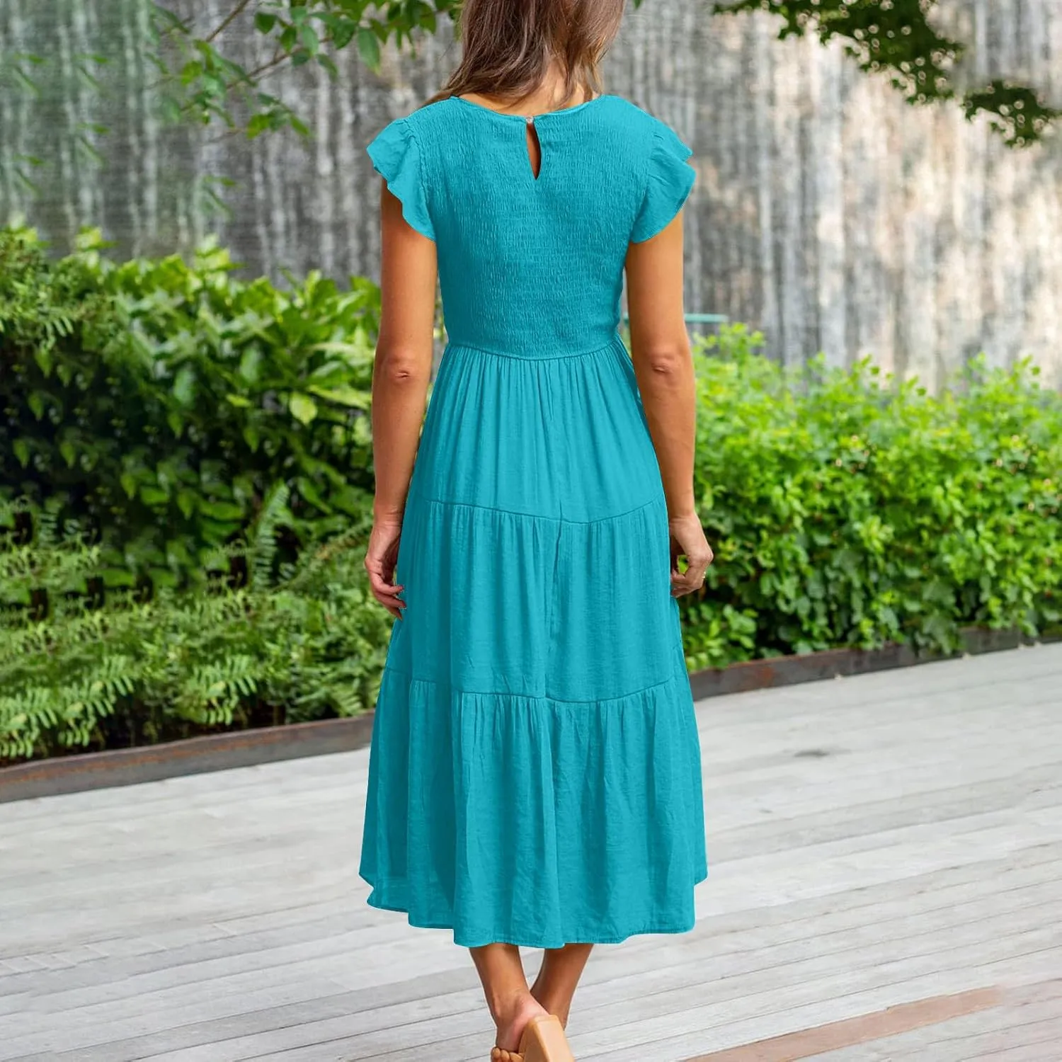 Womens Casual Ruffle Sleeve Smocked Maxi Dresses Crewneck Elegant High Waist Mini Dress Summer Dresses for Women 2025
