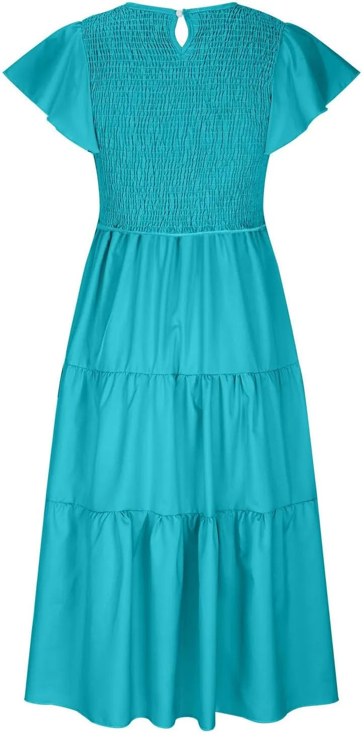 Womens Casual Ruffle Sleeve Smocked Maxi Dresses Crewneck Elegant High Waist Mini Dress Summer Dresses for Women 2025