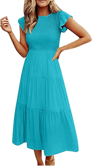 Womens Casual Ruffle Sleeve Smocked Maxi Dresses Crewneck Elegant High Waist Mini Dress Summer Dresses for Women 2025