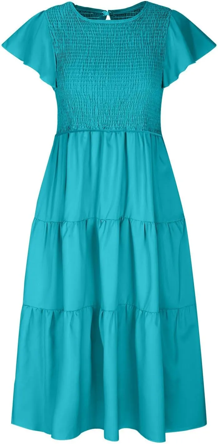 Womens Casual Ruffle Sleeve Smocked Maxi Dresses Crewneck Elegant High Waist Mini Dress Summer Dresses for Women 2025