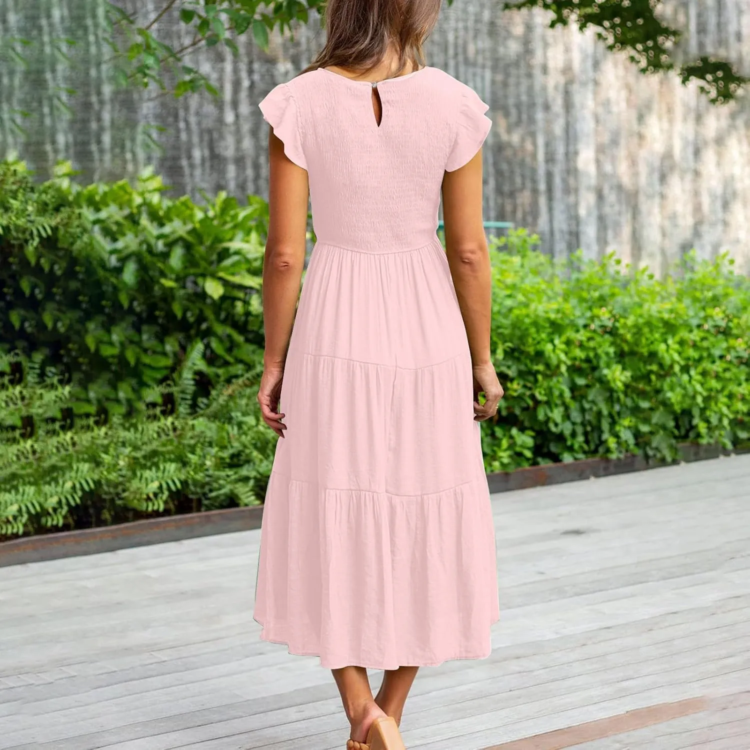 Womens Casual Ruffle Sleeve Smocked Maxi Dresses Crewneck Elegant High Waist Mini Dress Summer Dresses for Women 2025