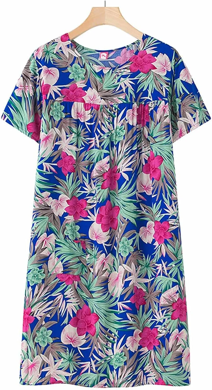 Womens Casual Summer Dress V Neck Short Sleeve Floral Print Smocked Waist Tiered Ruffle Beach Boho Maxi Dress with Pockets