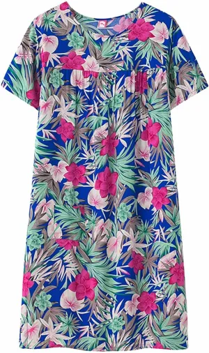Womens Casual Summer Dress V Neck Short Sleeve Floral Print Smocked Waist Tiered Ruffle Beach Boho Maxi Dress with Pockets