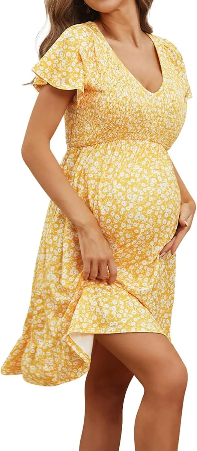Womens Casual Summer Maternity Dresses Floral Boho Dress Short Sleeve Ruffle Flowy Beach Party Midi Dresses
