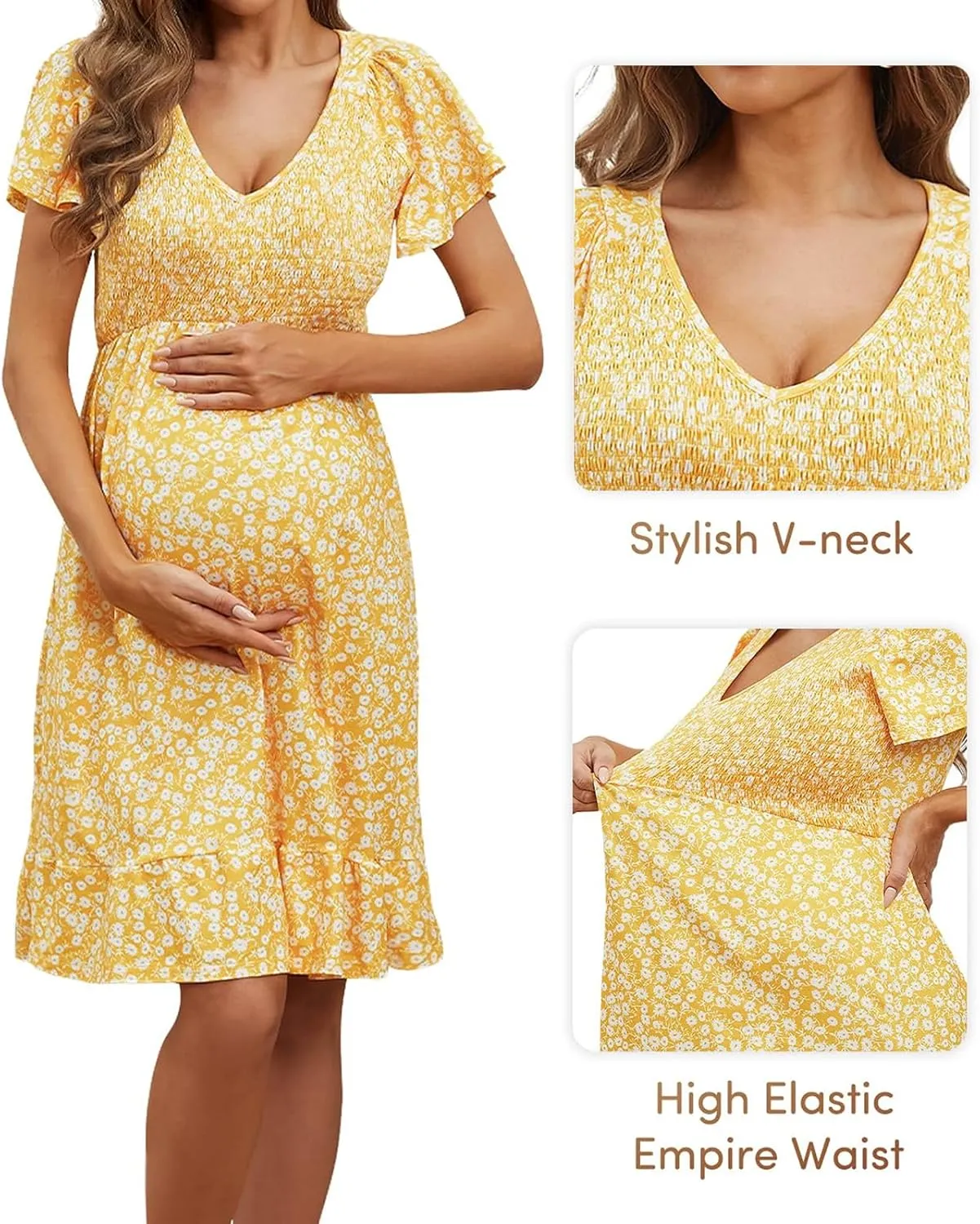Womens Casual Summer Maternity Dresses Floral Boho Dress Short Sleeve Ruffle Flowy Beach Party Midi Dresses