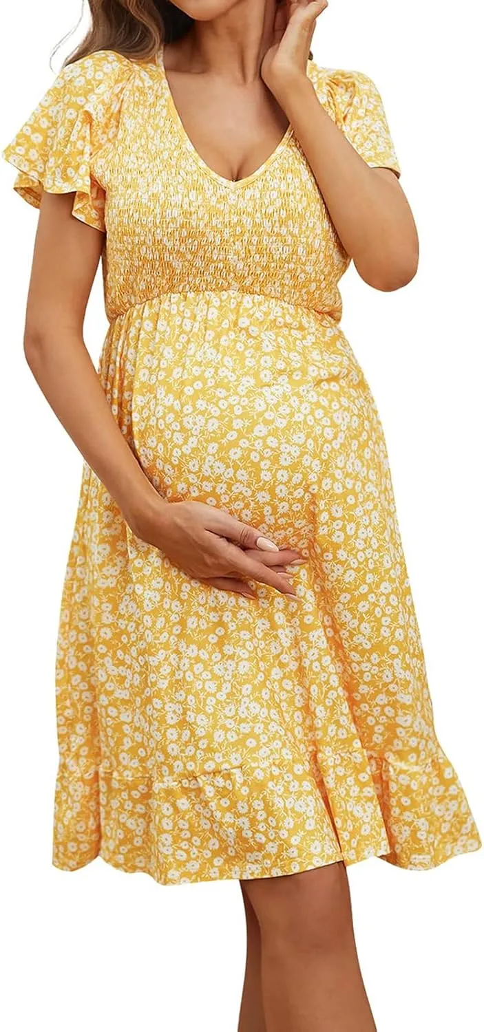Womens Casual Summer Maternity Dresses Floral Boho Dress Short Sleeve Ruffle Flowy Beach Party Midi Dresses