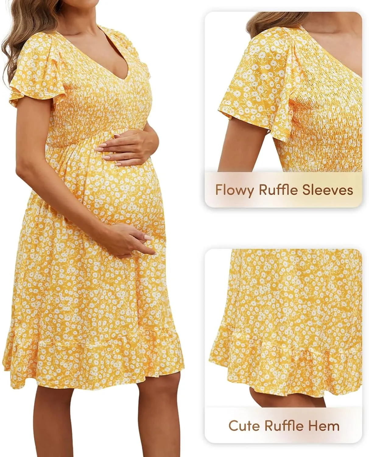 Womens Casual Summer Maternity Dresses Floral Boho Dress Short Sleeve Ruffle Flowy Beach Party Midi Dresses