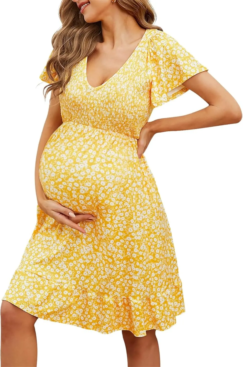Womens Casual Summer Maternity Dresses Floral Boho Dress Short Sleeve Ruffle Flowy Beach Party Midi Dresses