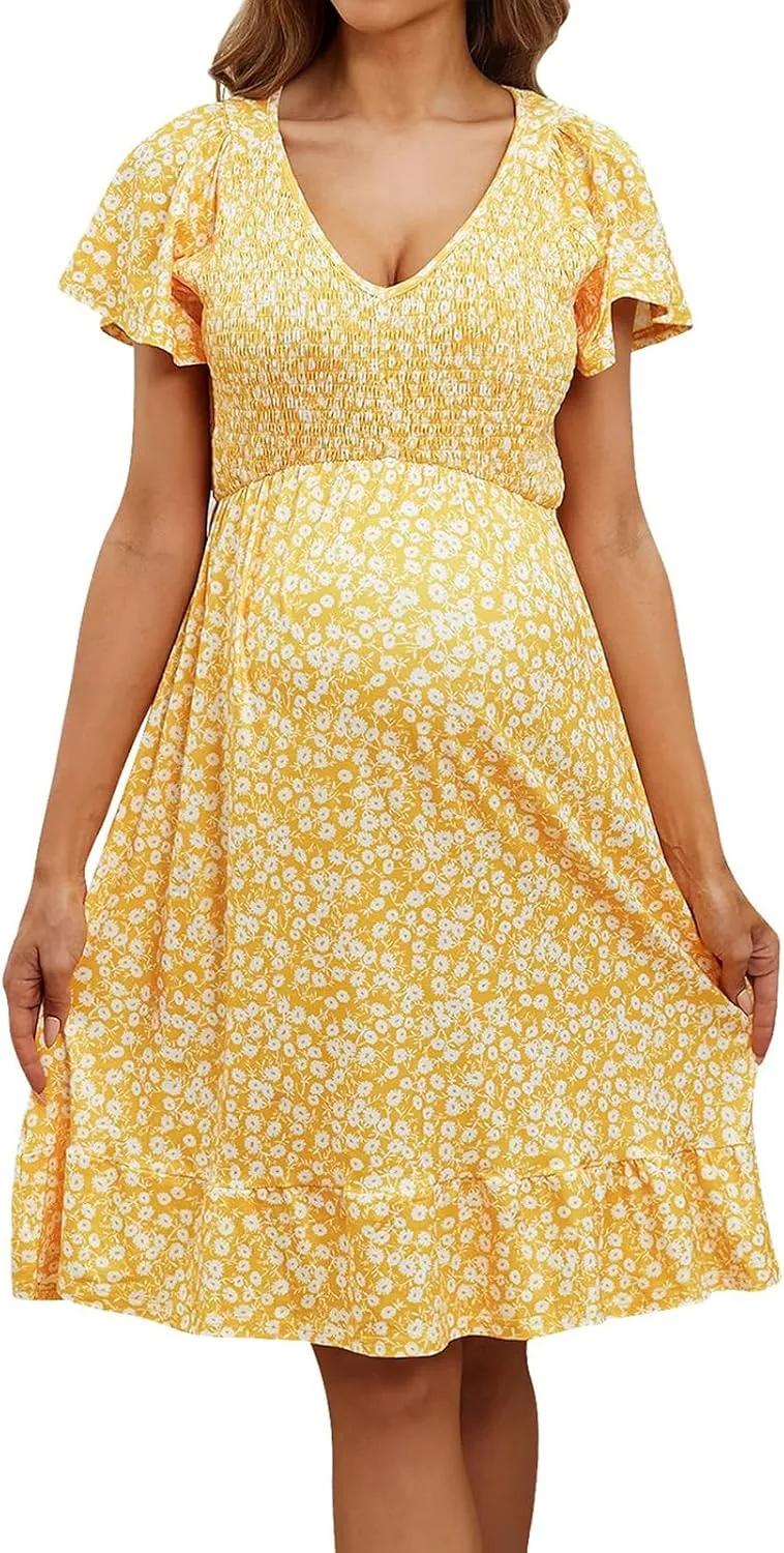 Womens Casual Summer Maternity Dresses Floral Boho Dress Short Sleeve Ruffle Flowy Beach Party Midi Dresses