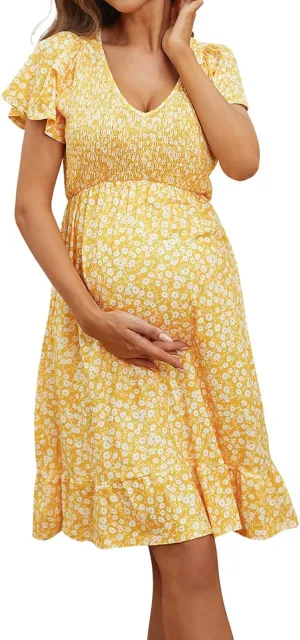 Womens Casual Summer Maternity Dresses Floral Boho Dress Short Sleeve Ruffle Flowy Beach Party Midi Dresses
