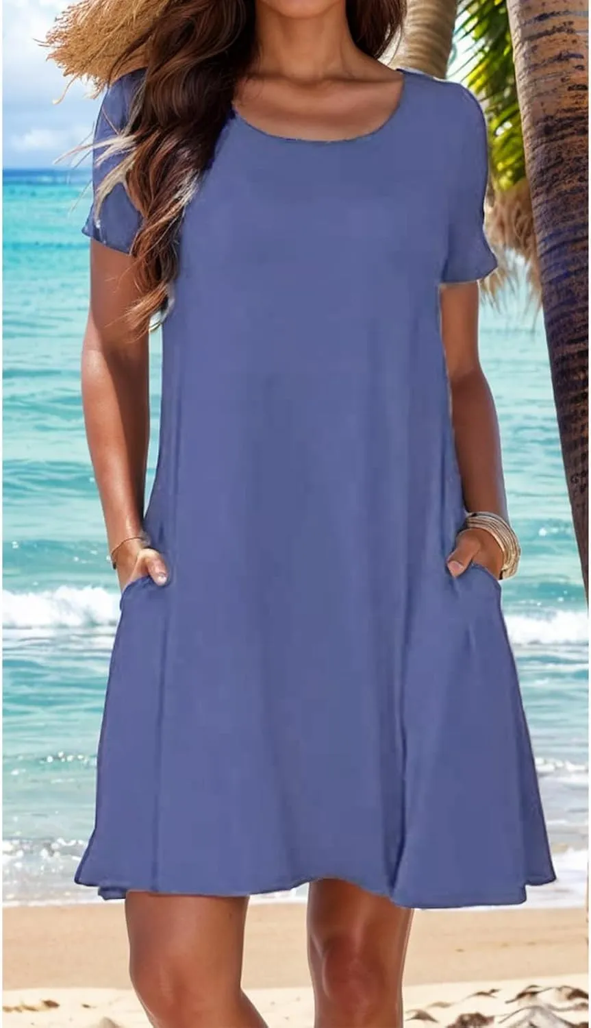 Womens Casual T Shirt Dress Summer Short Sleeve Swing Sundresses Swimsuit Coverup with Pockets