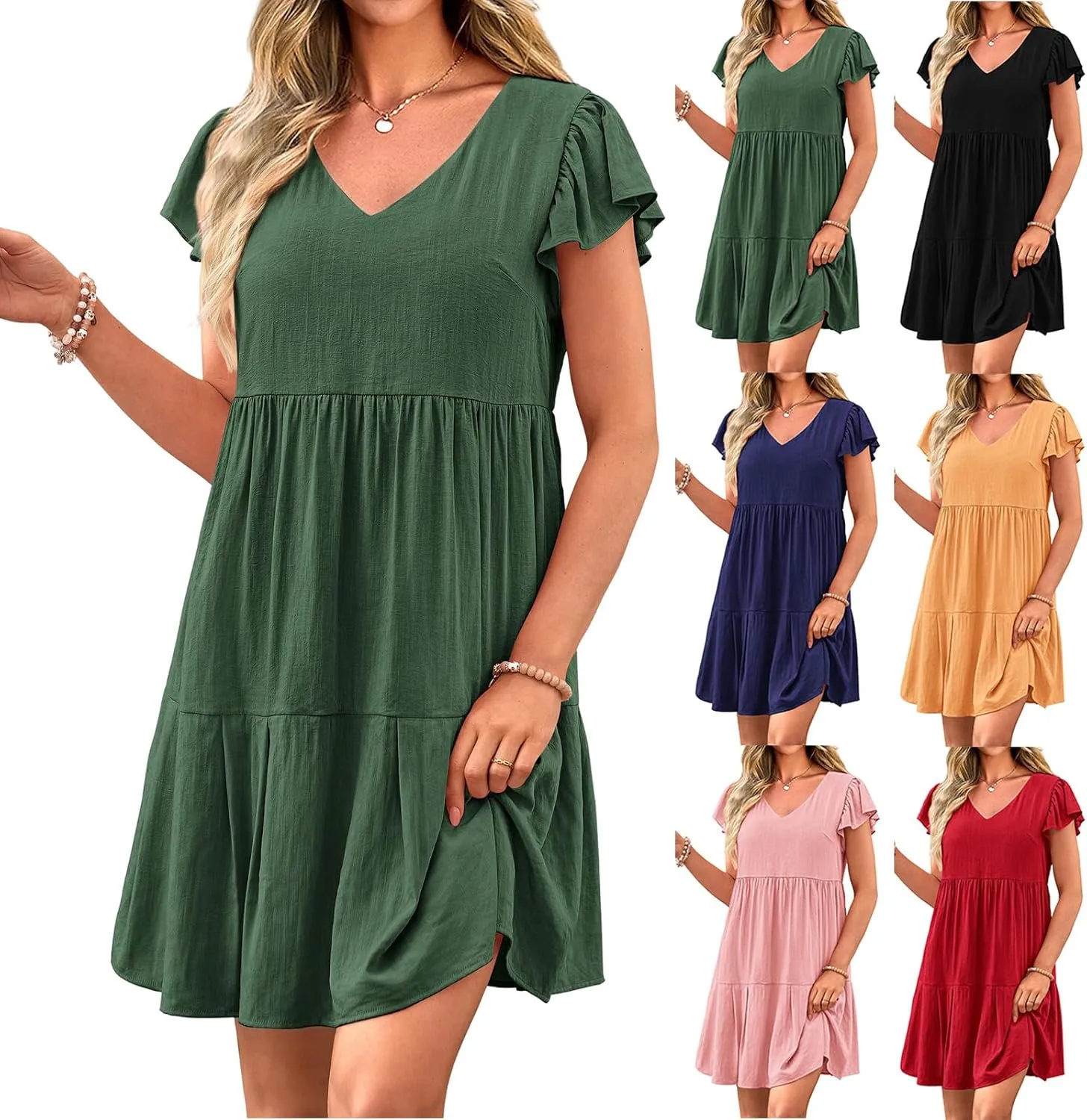 Women's Casual Tiered Dress Summer Beach Dresses Ruffle Cap Sleeve Mini Dress A-Line Swing V Neck Sundress
