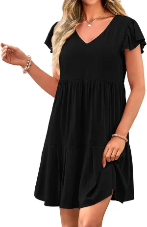 Women's Casual Tiered Dress Summer Beach Dresses Ruffle Cap Sleeve Mini Dress A-Line Swing V Neck Sundress