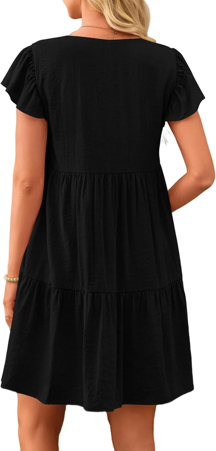 Women's Casual Tiered Dress Summer Beach Dresses Ruffle Cap Sleeve Mini Dress A-Line Swing V Neck Sundress
