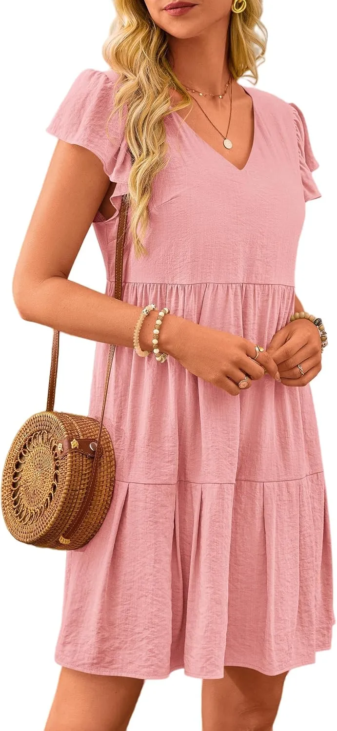 Women's Casual Tiered Dress Summer Beach Dresses Ruffle Cap Sleeve Mini Dress A-Line Swing V Neck Sundress