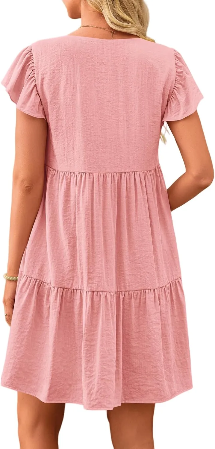 Women's Casual Tiered Dress Summer Beach Dresses Ruffle Cap Sleeve Mini Dress A-Line Swing V Neck Sundress