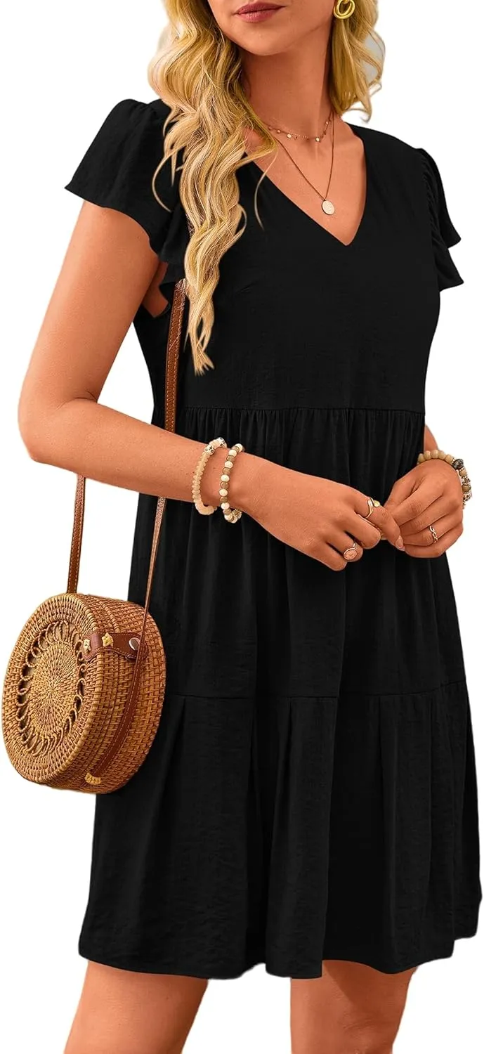 Women's Casual Tiered Dress Summer Beach Dresses Ruffle Cap Sleeve Mini Dress A-Line Swing V Neck Sundress