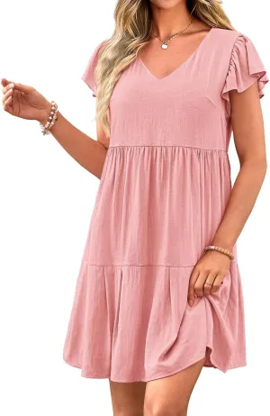 Women's Casual Tiered Dress Summer Beach Dresses Ruffle Cap Sleeve Mini Dress A-Line Swing V Neck Sundress