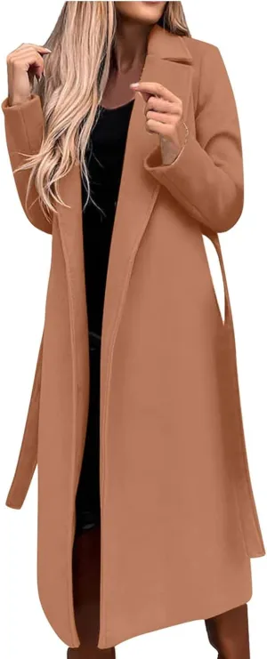 Womens Classic Coat Lapel Collar Open Front Belted Long Jacket Basic Essential Double Breasted Mid-Long Wool Blend Pea Coat