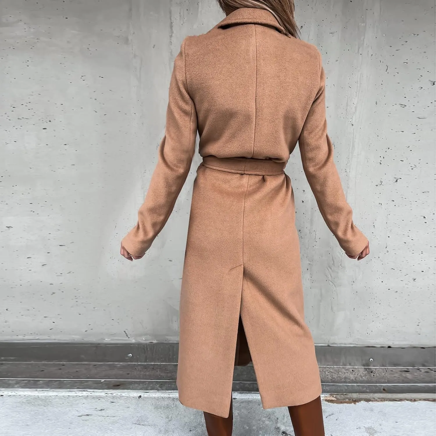 Womens Classic Coat Lapel Collar Open Front Belted Long Jacket Basic Essential Double Breasted Mid-Long Wool Blend Pea Coat