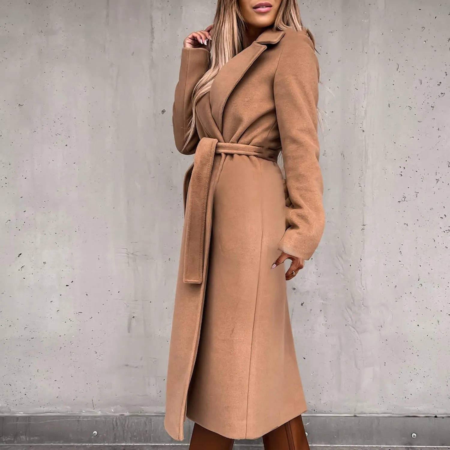 Womens Classic Coat Lapel Collar Open Front Belted Long Jacket Basic Essential Double Breasted Mid-Long Wool Blend Pea Coat