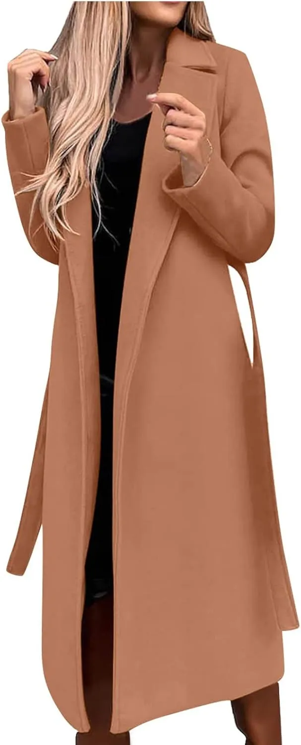 Womens Classic Coat Lapel Collar Open Front Belted Long Jacket Basic Essential Double Breasted Mid-Long Wool Blend Pea Coat
