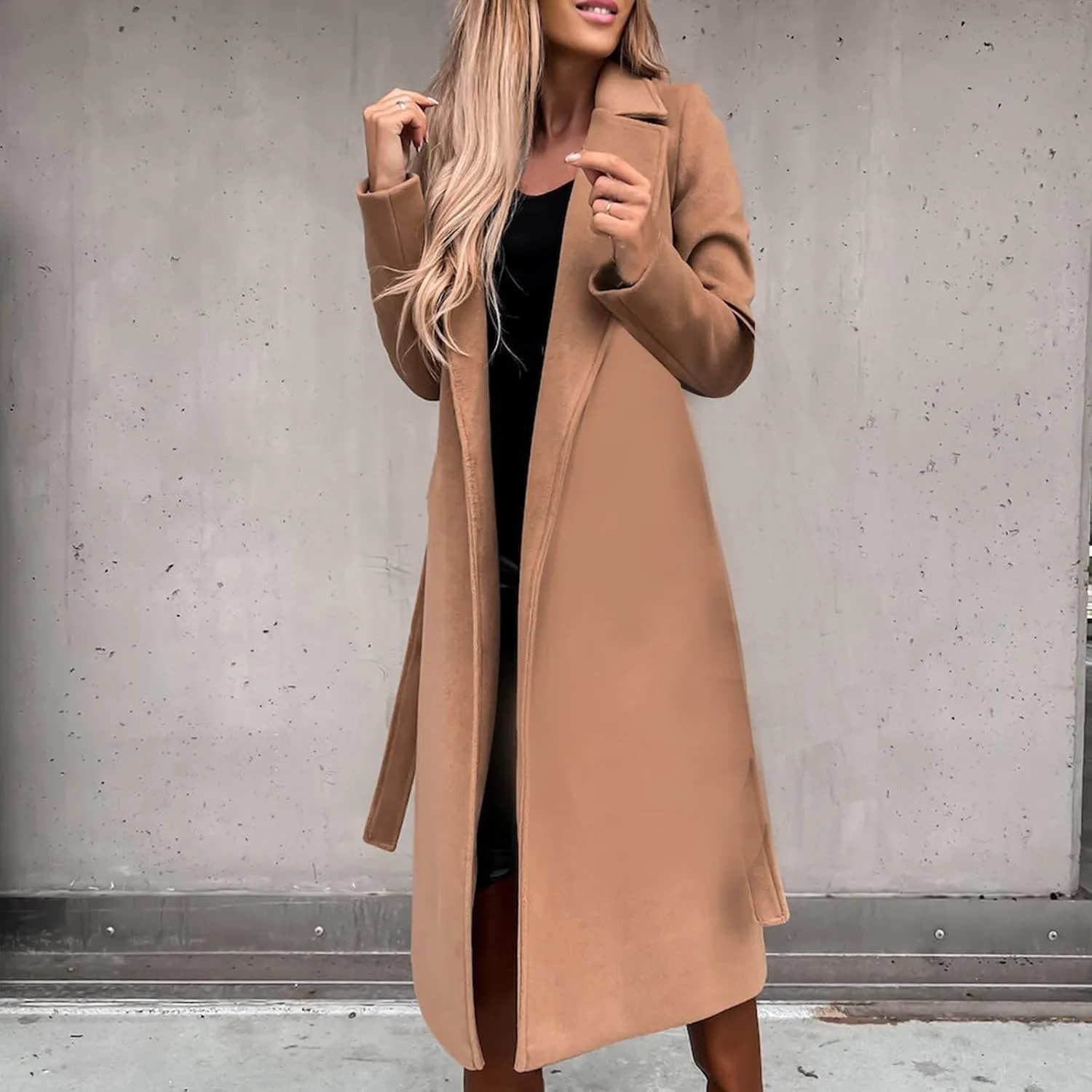 Womens Classic Coat Lapel Collar Open Front Belted Long Jacket Basic Essential Double Breasted Mid-Long Wool Blend Pea Coat
