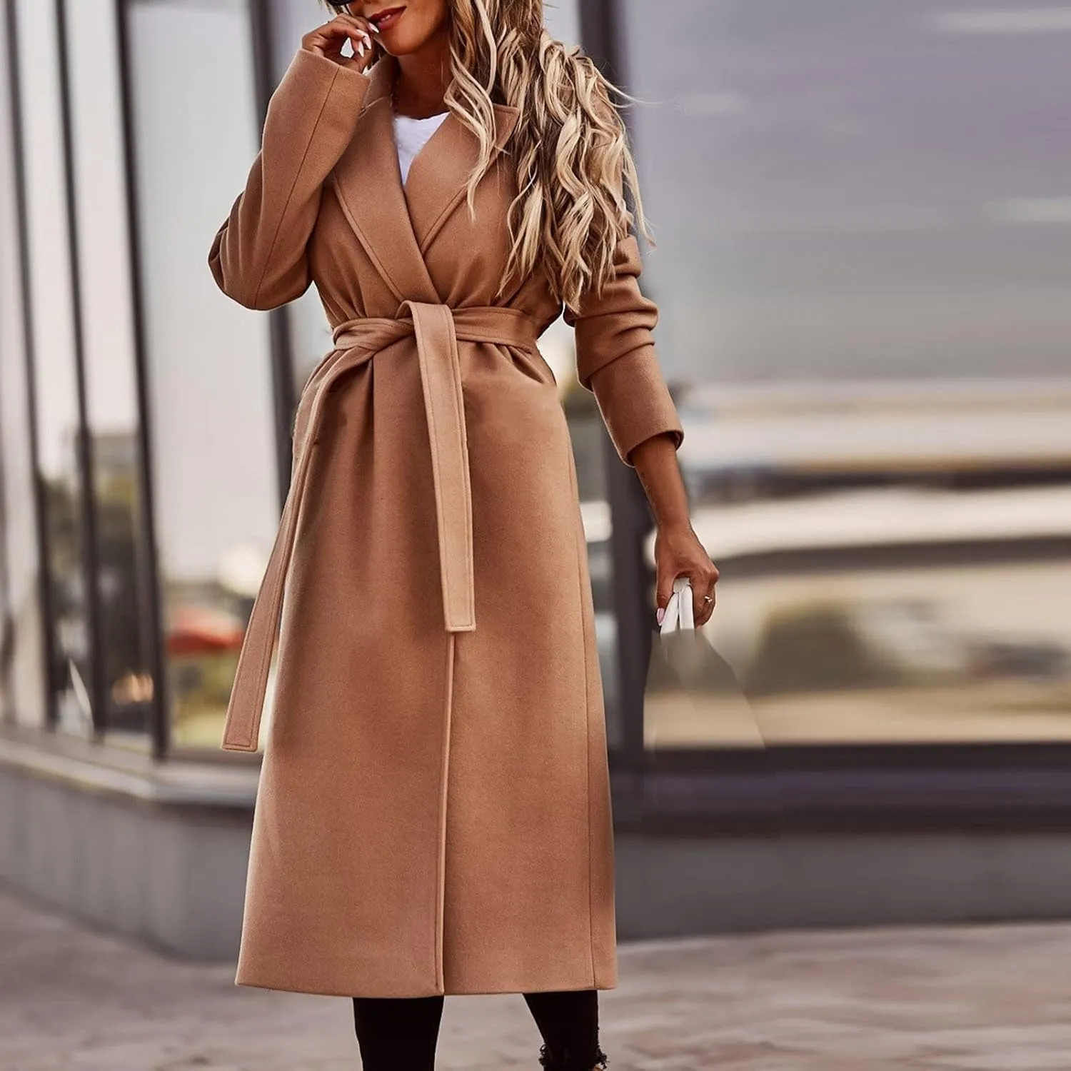 Womens Classic Coat Lapel Collar Open Front Belted Long Jacket Basic Essential Double Breasted Mid-Long Wool Blend Pea Coat