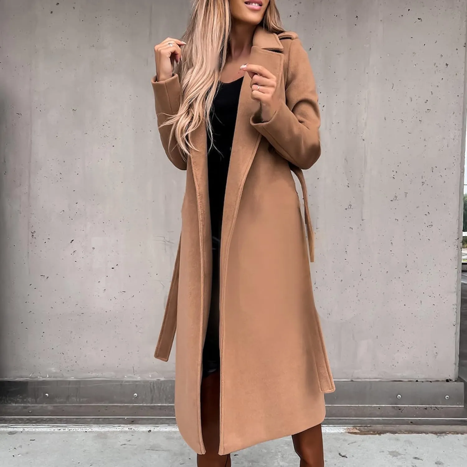 Womens Classic Coat Lapel Collar Open Front Belted Long Jacket Basic Essential Double Breasted Mid-Long Wool Blend Pea Coat