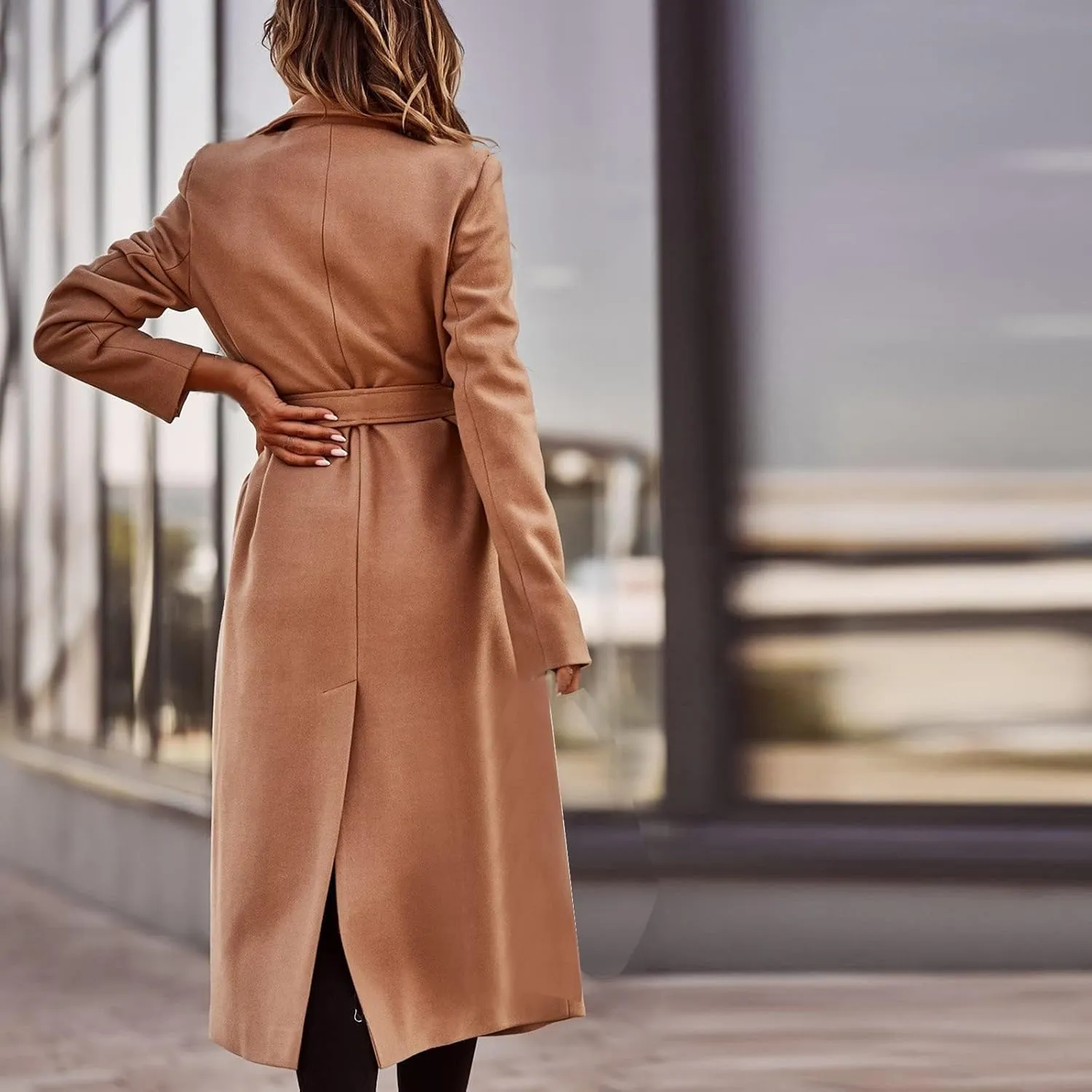 Womens Classic Coat Lapel Collar Open Front Belted Long Jacket Basic Essential Double Breasted Mid-Long Wool Blend Pea Coat