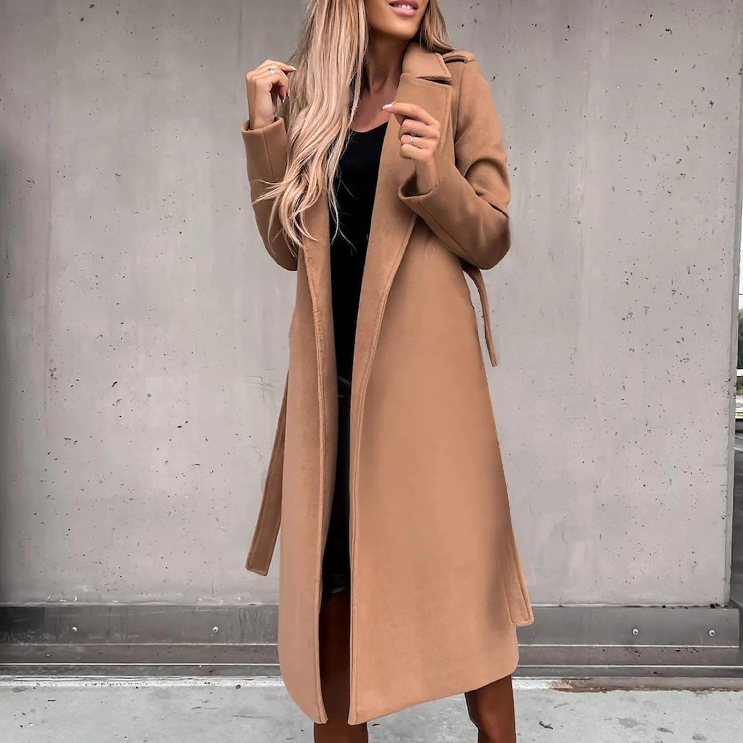 Womens Classic Coat Lapel Collar Open Front Belted Long Jacket Basic Essential Double Breasted Mid-Long Wool Blend Pea Coat