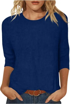 Womens Corduroy 3/4 Sleeve T-Shirt Summer Casual Loose Fit Solid Tops Fashion Dressy Crewneck Blouses for Going Out