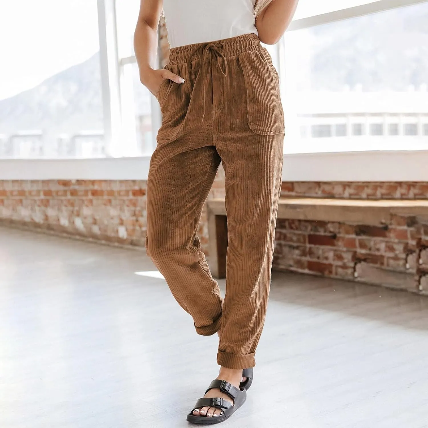 Women's Corduroy Pants Casual Drawstring Elastic High Waist Straight Leg Bottoms Fall Winter Comfy Trousers