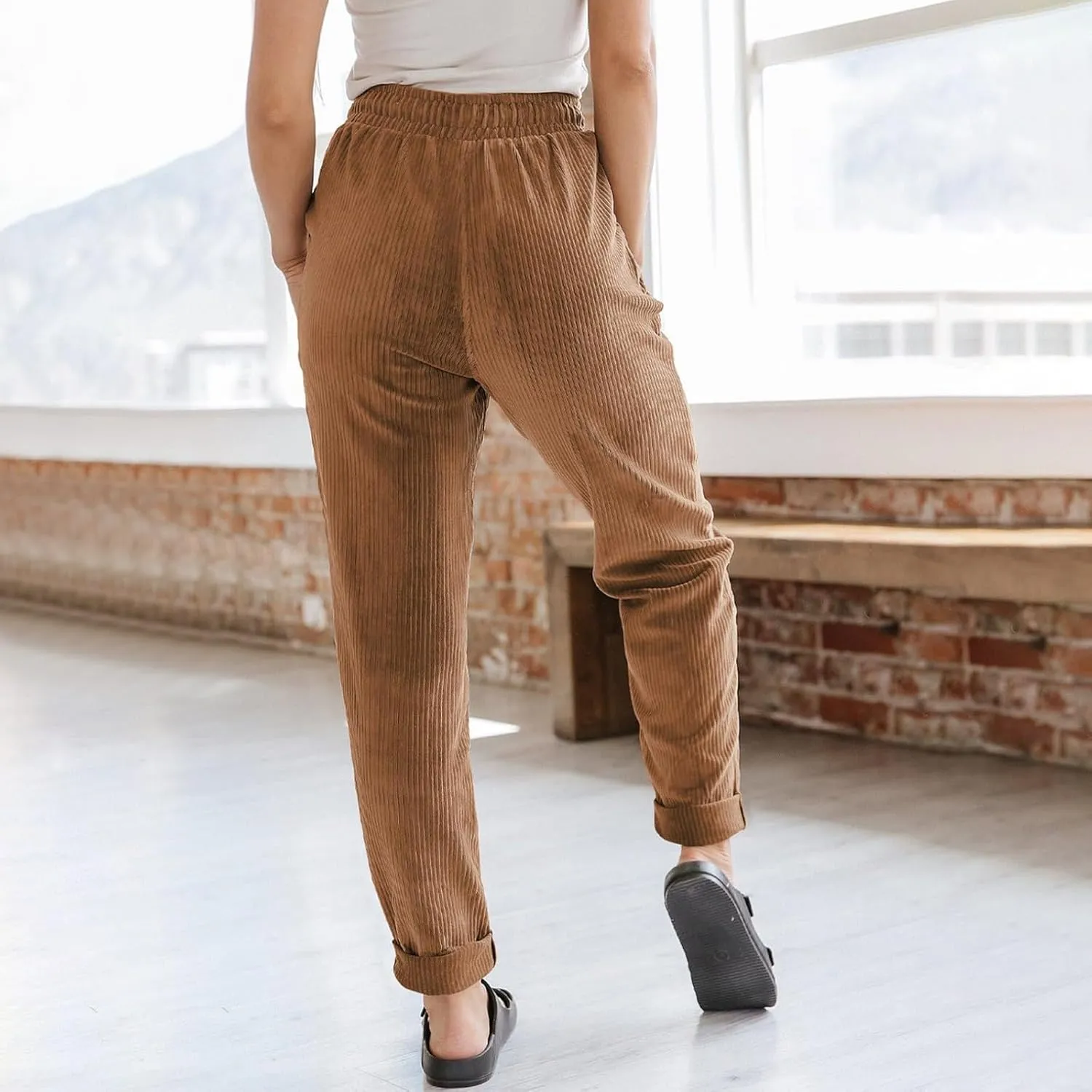 Women's Corduroy Pants Casual Drawstring Elastic High Waist Straight Leg Bottoms Fall Winter Comfy Trousers