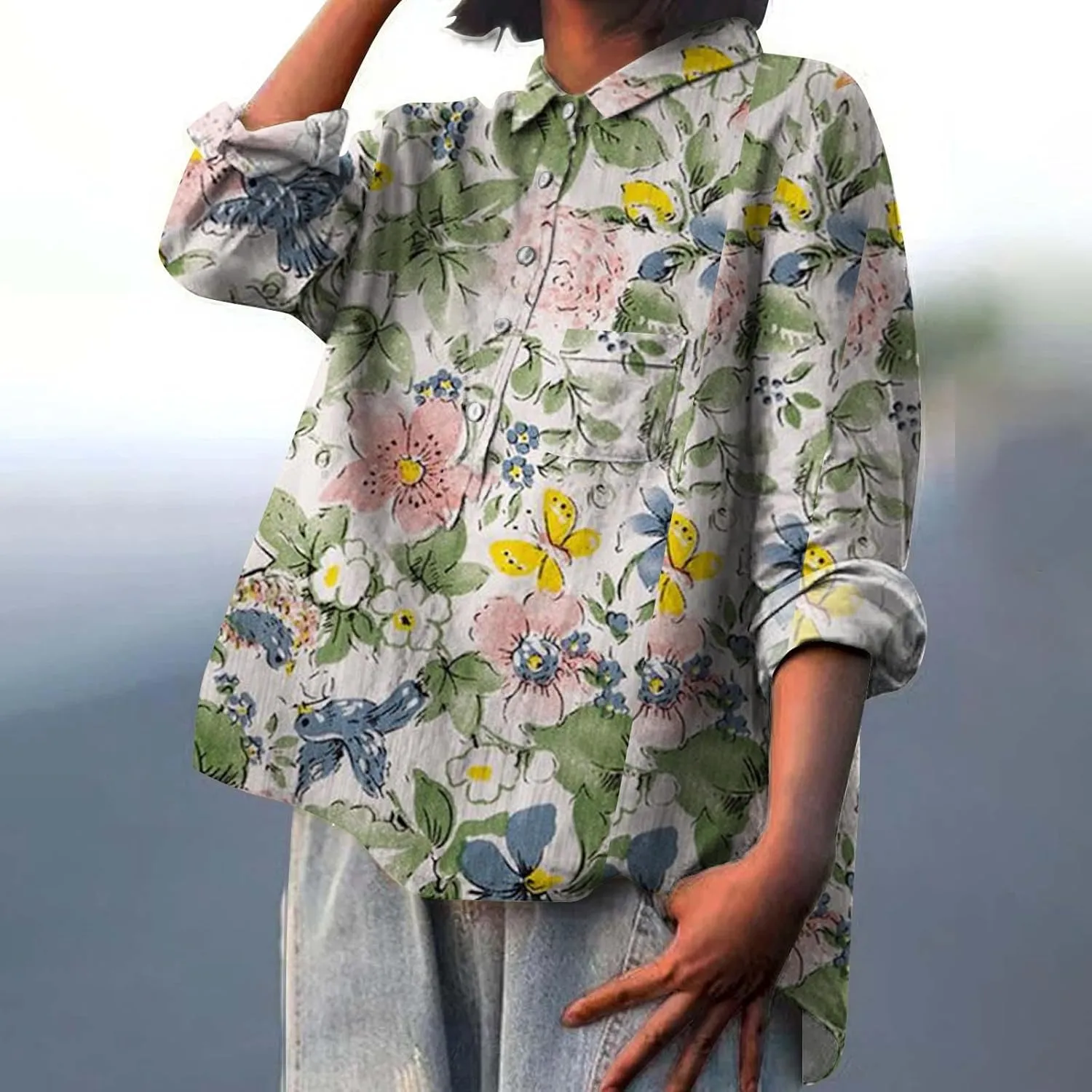 Womens Cotton Button Down Shirts Long Sleeve Collared Tops Work Office Blouse Shirt Summer Tops Casual Tunic Blouse