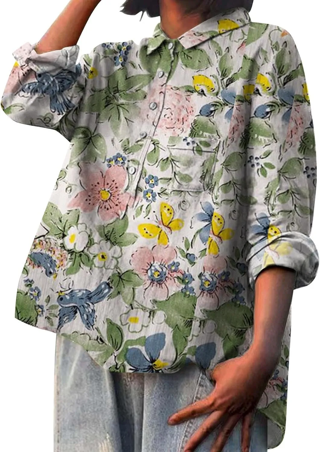 Womens Cotton Button Down Shirts Long Sleeve Collared Tops Work Office Blouse Shirt Summer Tops Casual Tunic Blouse