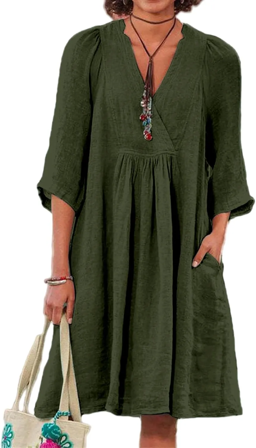 Womens Cotton Linen A-line Dress Casual 3/4 Sleeve Wrap V Neck Midi Dresses Loose Fit Beach Vacation Dress