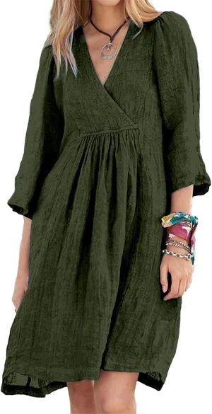Womens Cotton Linen A-line Dress Casual 3/4 Sleeve Wrap V Neck Midi Dresses Loose Fit Beach Vacation Dress