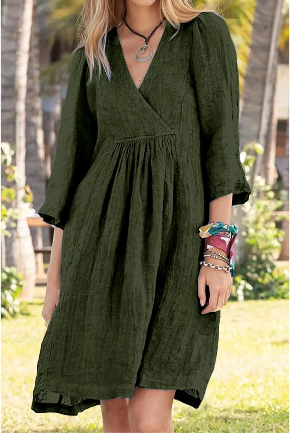 Womens Cotton Linen A-line Dress Casual 3/4 Sleeve Wrap V Neck Midi Dresses Loose Fit Beach Vacation Dress