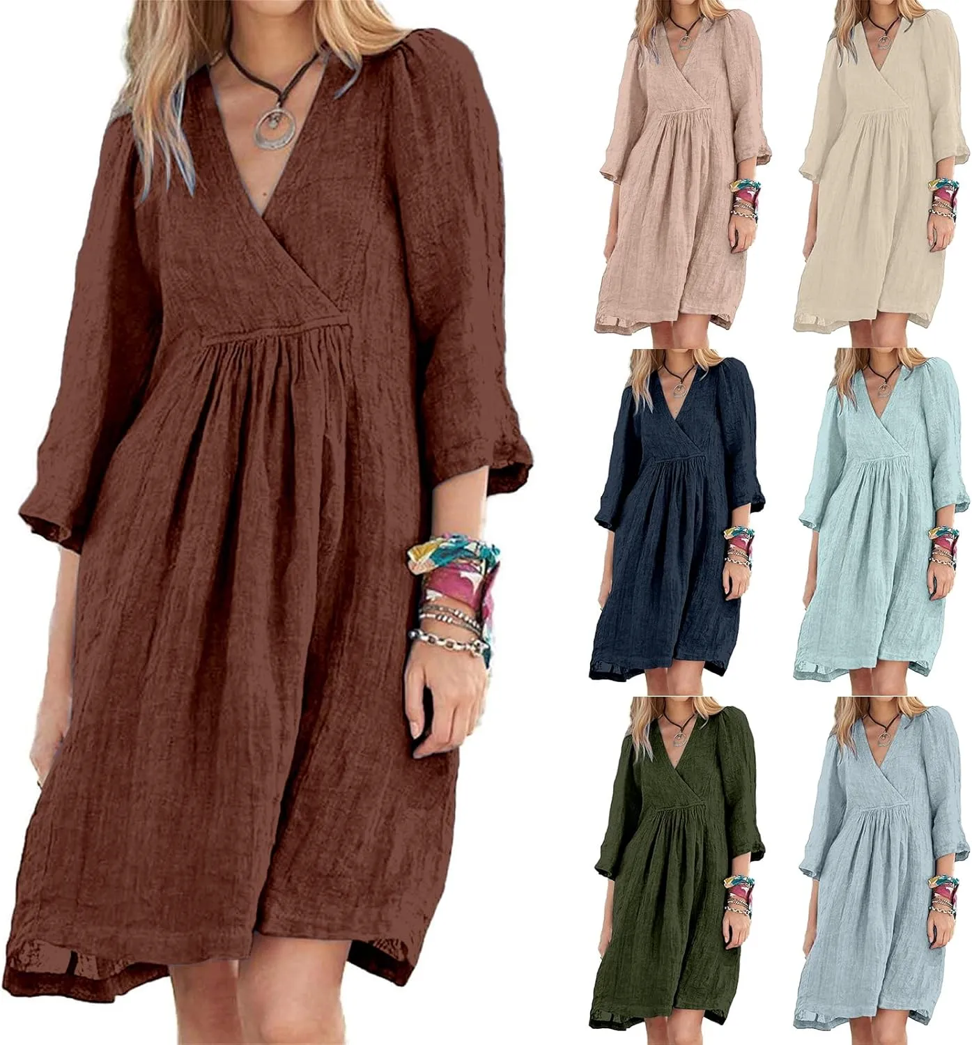 Womens Cotton Linen A-line Dress Casual 3/4 Sleeve Wrap V Neck Midi Dresses Loose Fit Beach Vacation Dress