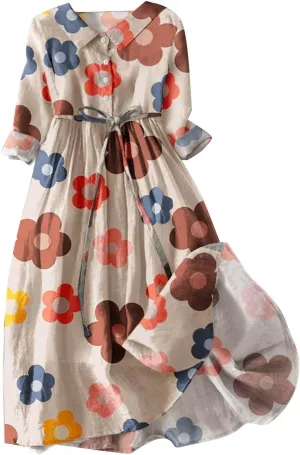 Women's Cotton Linen Dresses Summer Half Sleeve A Line Comfy Maxi Dress Casual Loose Fit Trendy Vacation Clothes