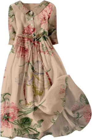 Women's Cotton Linen Dresses Summer Half Sleeve A Line Comfy Maxi Dress Casual Loose Fit Trendy Vacation Clothes