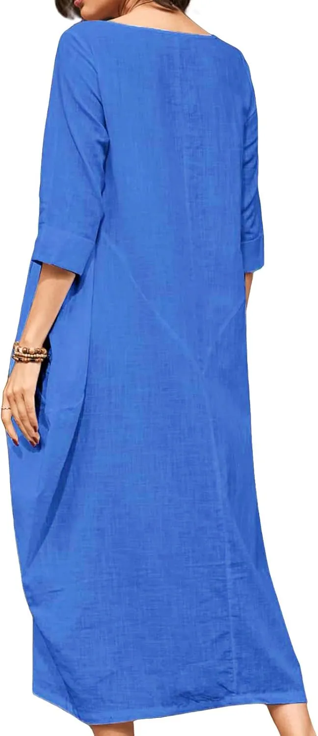 Womens Cotton Linen Maxi Dresses Oversized Loose Fit Long Sleeve Caftan Long Dress Summer Casual Solid Kaftan Dress