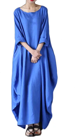 Womens Cotton Linen Maxi Dresses Oversized Loose Fit Long Sleeve Caftan Long Dress Summer Casual Solid Kaftan Dress
